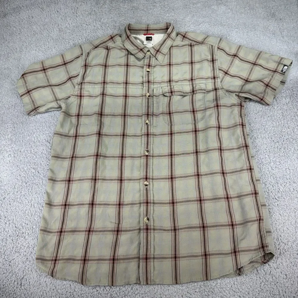 North‎ Face Shirt Adult Men's Xl Green Windowpane Button Up Short Sleeve